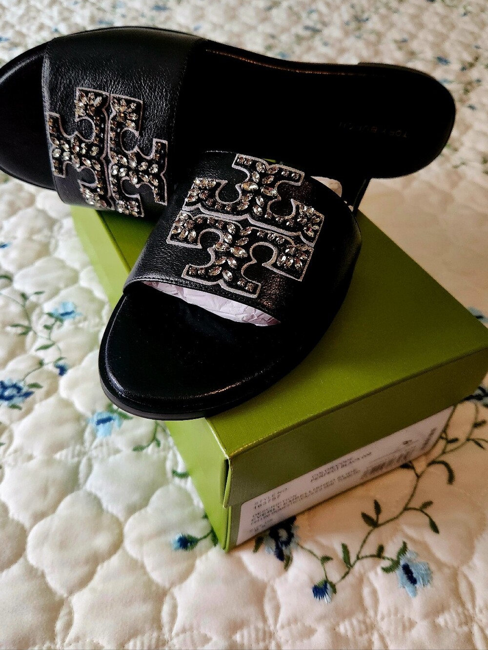Tory Burch Black Slide Sandals with Crystal Logo